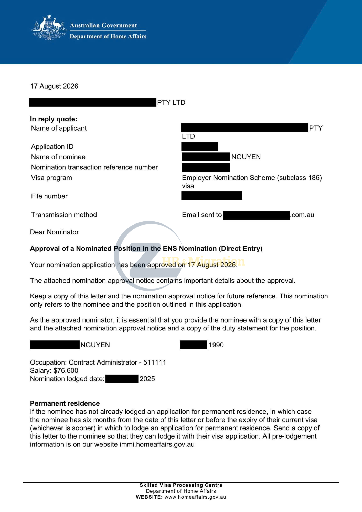 186 Direct Entry Visa Nomination Approved for a Contract Administrator Position 1