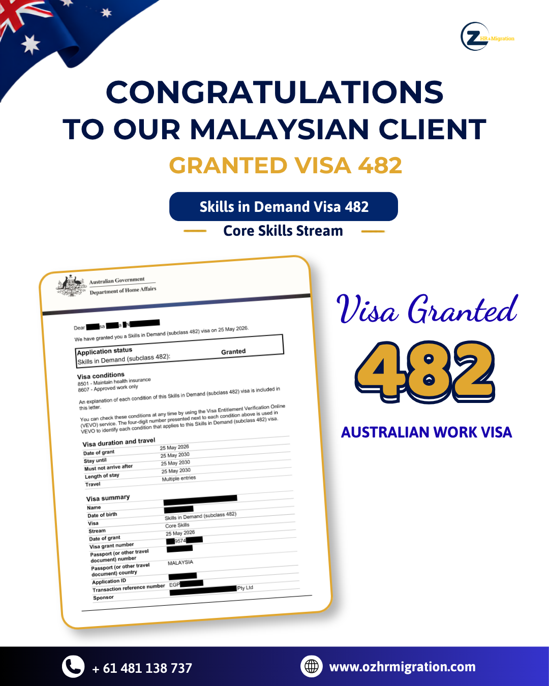 Congratulations to Our Malaysian Client on Being Granted a 482 Visa for Australia